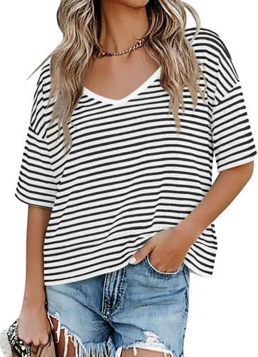 Vista 29 de Cicy Bell Camisetas de verano con cuello en V para mujer, casuales, de manga corta, holgadas, lindas camisetas básicas Caqui