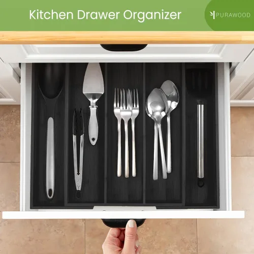 Vista 5 de Organizador de Cajón de Cocina Purawood - Organizador de Utensilios Extensible para Cocina, Bandeja de Cuchillos y Organizador de Cubiertos, 3-5