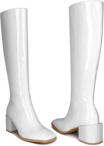 Vista 2 de wetkiss Botas altas hasta la rodilla para mujer, botas Gogo de los años 70 con tacón grueso, punta cuadrada y diseño de cremallera lateral, botas