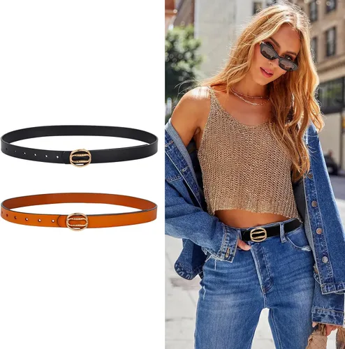 Vista 92 de Cinturón de cuero clásico con hebilla de metal para mujer con vestido de jeans