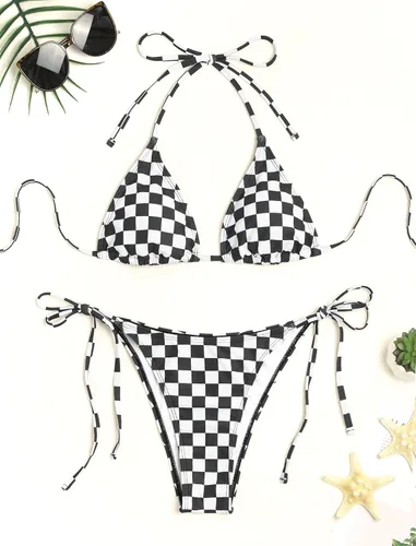 Vista 4 de ZAFUL Bikinis triangulares estampados para mujer, 2 piezas, bikini halter, traje de baño de corte alto, traje de baño con lazo lateral 0-negro a