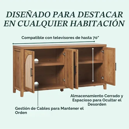 Vista 5 de Walker Edison Sasha - Aparador de 4 puertas con puerta de celosía y gestión de cables, 60 pulgadas, roble inglés