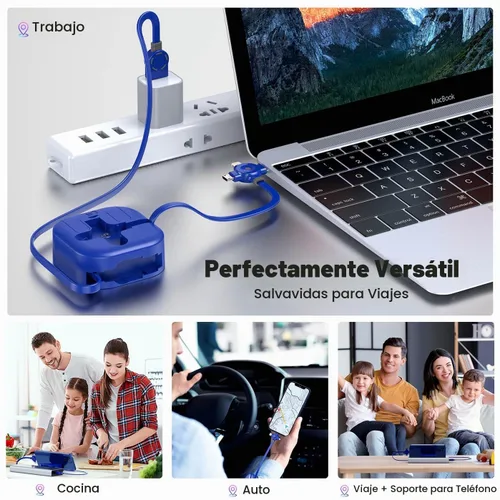 Vista 4 de Cable de Carga Múltiple de 4.5A, 4 Pies/Paquete de 2 Cargadores Múltiples para Todos los Dispositivos Cable Retráctil 3 en 1 para Automóvil Cable