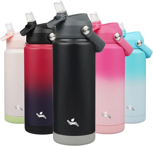 Vista 48 de Konokyo Botella de agua aislada con tapa de pajilla, botella de metal al vacío de acero inoxidable de 18 onzas con mango de silicona, color negro
