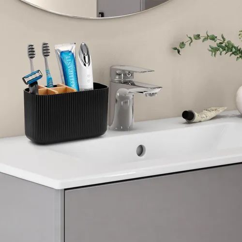 Vista 2 de GFWARE Soporte para cepillos de dientes negro – Portacepillos de dientes de bambú para baños, organizador de cepillos de dientes eléctrico