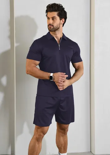 Vista 4 de YTD Conjunto de camisa polo y pantalones cortos de manga corta para hombre, conjunto de dos piezas de verano con cremallera, conjunto deportivo
