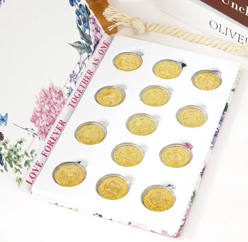Vista 8 de TINGKU Juego de monedas de oro para boda Arras de Boda, accesorios para ceremonia de boda, moneda Arrhae con caja de colección de libros - Inglés