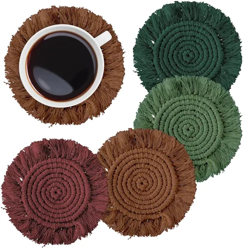 Vista 10 de Whaline Juego de 4 posavasos de macramé bohemios, hechos a mano, tejido a mano, tapete bohemio con borla para el hogar, cocina, oficina, fiesta Tema