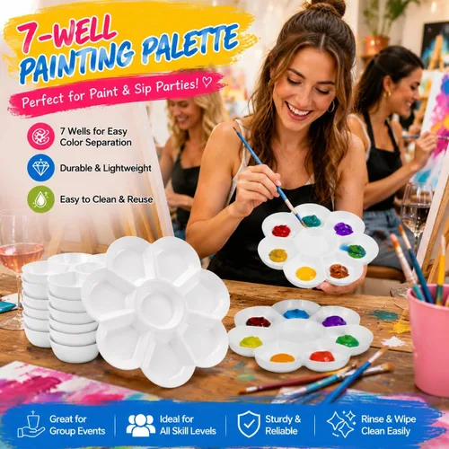 Vista 9 de ZENFUN Paquete de 15 bandejas de pintura con 7 pozos, bandeja de mezcla de pintura de plástico blanco, plato de pintura de acuarela para arte al