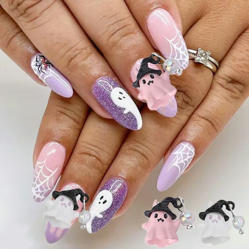 Vista 3 de 10 dijes de uñas de Halloween, diseño de calavera de fantasma, corazón con gemas de uñas, divertidos diamantes de imitación de uñas de Halloween