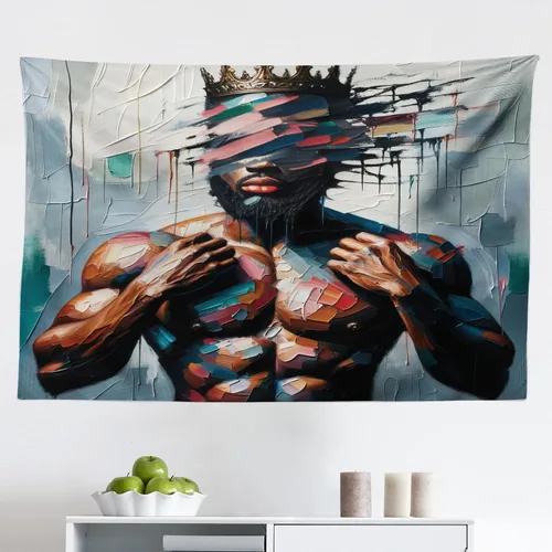 Vista 79 de Ambesonne Tapiz de arte afro, hombre negro fuerte con una corona de trazos impresión de pintura moderna, decoración de tela para colgar en la pared