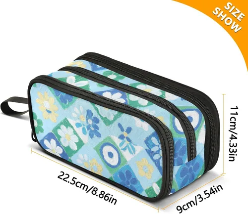 Vista 3 de Bolsas de lápices de nailon para niñas, flores de cerezo azul japonés, gran capacidad, estuche para lápices universitarios, organizador de papelería