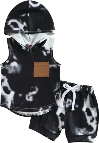 Vista 13 de Conjunto de ropa de verano para bebés y niños pequeños, a rayas, liso/teñido anudado, sin mangas, sudadera con bolsillo y pantalones cortos