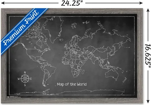 Vista 3 de Trends International Chalk Map-World - Póster de pared, 14.725 x 22.375 pulgadas, versión enmarcada de madera de granero Versión enmarcada Barnwood