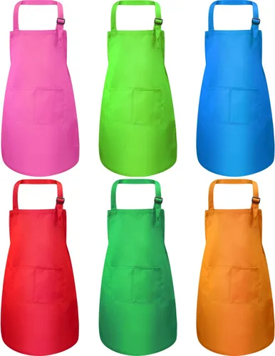 Vista 7 de Syhood Paquete de 6 delantales para niños a granel con 2 bolsillos ajustables para niños, delantal de chef artístico, para cocinar, hornear, pintar