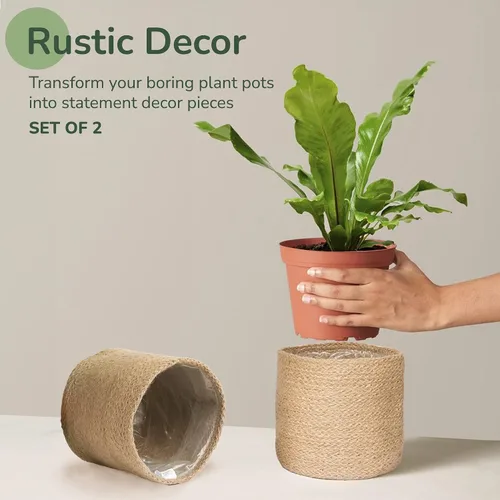 Vista 5 de Cesta de maceta de yute - Cubiertas de cuerda de yute tejidas para decorar suculentas de interior/exterior, macetas pequeñas - Juego de 2