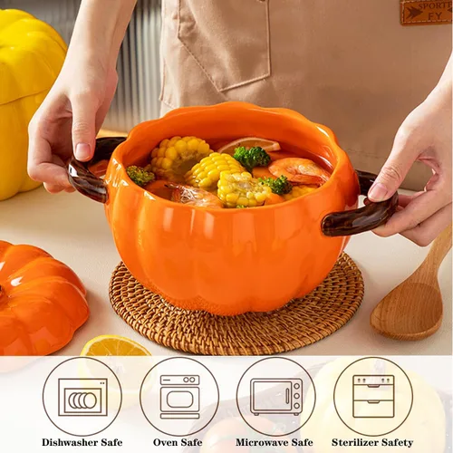 Vista 9 de Olla holandesa con tapa, cacerola de postre de cerámica de calabaza, mini fuente para hornear, lindo cuenco de calabaza, olla holandesa de cerámica