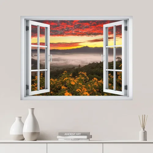 Vista 14 de SIGNWIN Adhesivo de pared removible/Mural de pared Vista de ventana Cordillera nublada Bosque Naturaleza Vida silvestre Fotografía Realismo Paisaje
