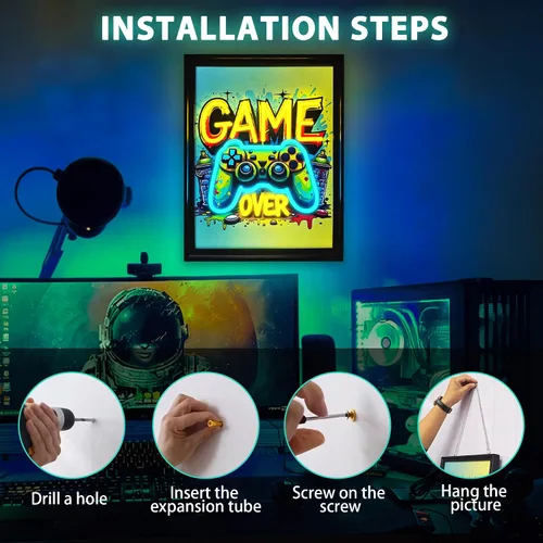 Vista 4 de Cartel de neón para gamer, arte de pared con forma de gamepad regulable en acuarela, imágenes coloridas sobre lienzo para colgar en pared