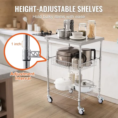 Vista 4 de VEVOR Carrito Utilitario de Cocina, 36.6"x20"x24" Carrito Rodante de Alambre de 3 Niveles, Carrito de Servicio de Acero con Capacidad de 470LBS