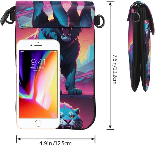 Vista 3 de Synthwave Sabertooth Pattern Leather Crossbody Flap Phone Bag - Versatile Gift for Women Walking, Camping, Shopping, and Travel