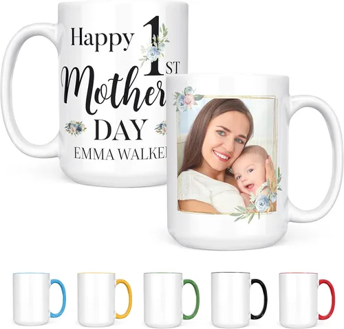 Vista 10 de Regalos para el primer día de la madre, taza de café personalizada con foto y nombre, 11 o 15 onzas, 10 opciones de color, taza personalizada