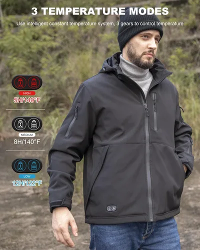 Vista 3 de azamine Chaqueta térmica para hombre con batería de 16000 mAh, abrigo térmico suave resistente al viento con capucha desmontable
