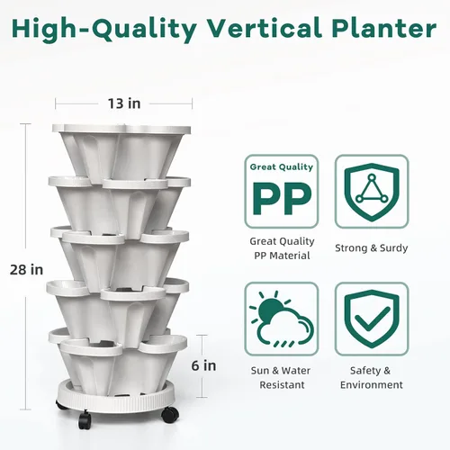 Vista 2 de Macetas verticales de fresa, paquete de 2 unidades, torre apilable de 5 niveles con poste de soporte, macetas apilables para hierbas y verduras