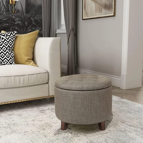 Vista 19 de Adeco Otomana redonda de almacenamiento, taburete tapizado para maquillaje, taburete de terciopelo para dormitorio, dormitorio beige