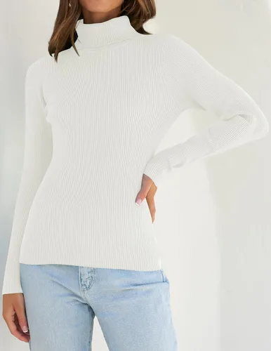 Vista 3 de ZESICA Camisas de manga larga de cuello alto para mujer, camisetas básicas de otoño, suéter de punto acanalado ajustado