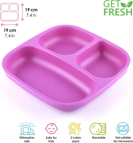 Vista 2 de GET FRESH Bamboo Kids - Juego de 2 platos divididos con 3 compartimentos para comidas infantiles, vajilla reutilizable