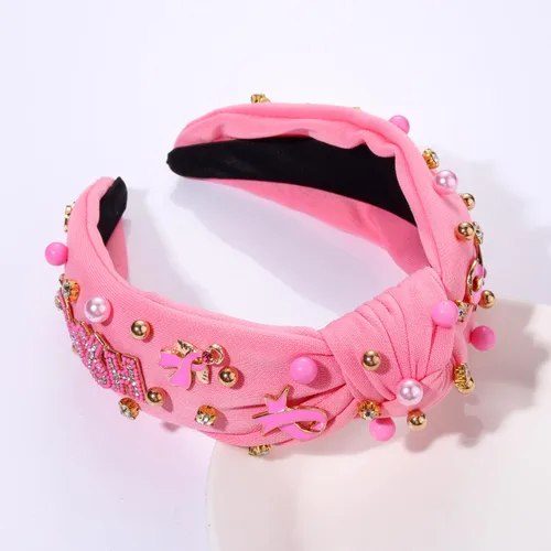 Vista 5 de Diadema rosa con lazo de esperanza de cristal y perla, diadema anudada para concientización sobre el cáncer de mama, accesorios para el cabello