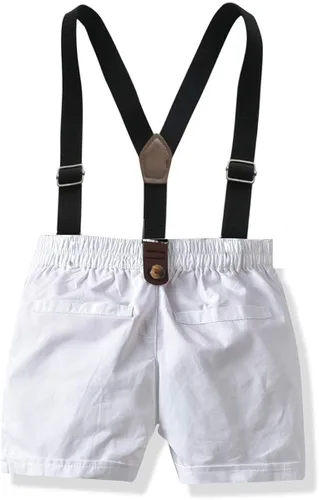 Vista 4 de Conjunto de traje de caballero para niños pequeños, camisa de manga corta + tirante + pantalones cortos + pajarita, 4 piezas para niños pequeños
