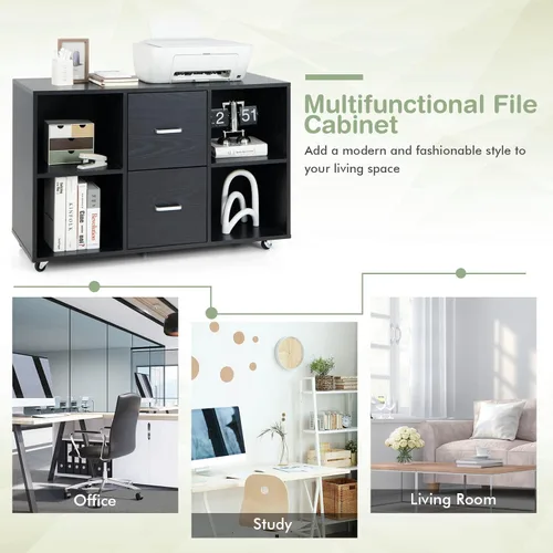 Vista 7 de Archivador de 2 cajones, archivador lateral con estantes y ruedas, aparador de buffet negro, gabinete de almacenamiento rodante, gabinetes de madera