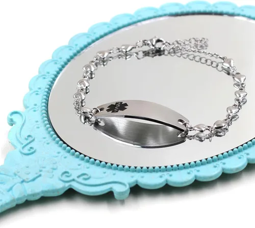 Vista 2 de Pulsera de símbolo médico de plata grabada con láser, alerta de salud grabada en forma de corazón, adecuada para primeros auxilios de emergencia