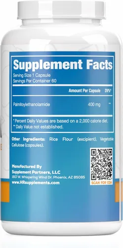 Vista 2 de Cápsulas de palmitoiletanolamida Guisante de 400 mg 60 pastillas Promueve la inflamación natural y el manejo del dolor Ingredientes probados