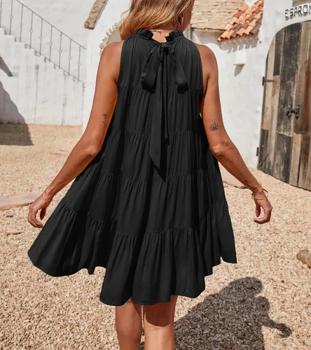 Vista 3 de Okiwam - Vestido de verano para mujer sin mangas y con cuello halter, vestido estilo bohemio vaporoso y plisado, minivestido de cóctel holgado