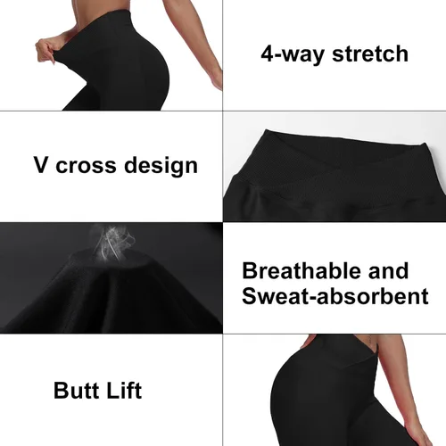 Vista 6 de Vertvie Leggings cruzados de gimnasio para mujer, levantamiento de glúteos, cintura cruzada, control de abdomen, pantalones de yoga