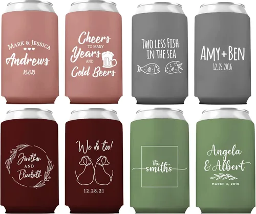 Vista 2 de Enfriadores de latas de boda personalizados, paquete de 50, poliuretano, capacidad de 12 onzas, multicolor