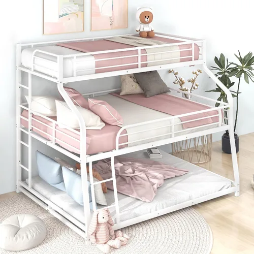 Vista 14 de Flieks Cama triple de metal individual XL sobre matrimonial XL sobre cama Queen con escaleras, litera para familia, adolescentes, no necesita somier