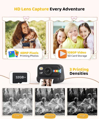 Vista 7 de Cámara de impresión instantánea en color para niños – Cámara para niños con 5 papeles fotográficos de color, video de 48MP y 1080P, 21 marcos