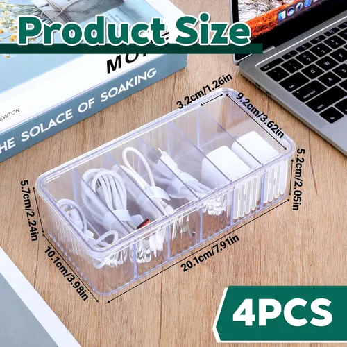Vista 3 de Paquete de 4 cajas organizadoras de cables transparentes con tapa, caja de almacenamiento de cables transparente, cajas organizadoras de alambre