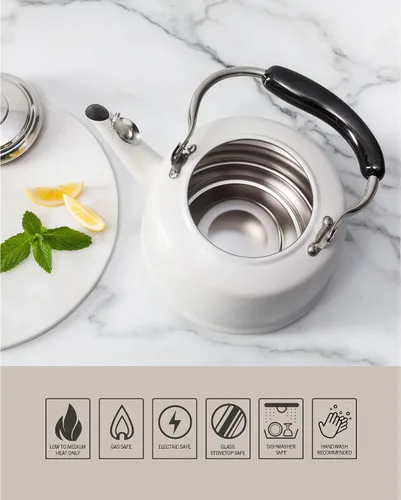 Vista 5 de Martha Stewart Kingstree - Tetera grande de acero inoxidable de calibre pesado de 2 cuartos de galón, lino blanco exterior