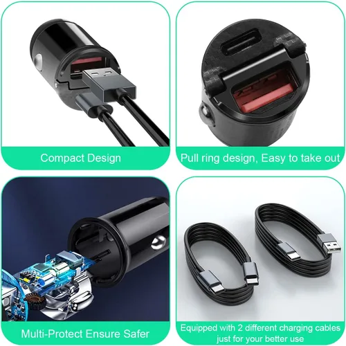 Vista 6 de MTAKYI Paquete de 2 cargadores USB C para automóvil, doble puerto más pequeño de 30 W PD y 30 W QC3.0, adaptador de cargador rápido para automóvil