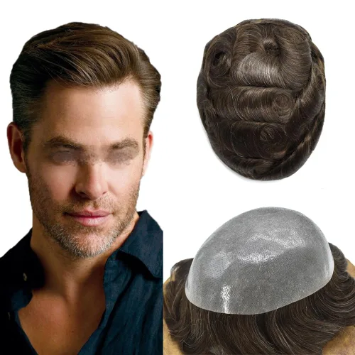 Vista 64 de PU Toupee para hombres pieza de pelo real sistema de reemplazo de cabello humano para hombres Toupee pieza de pelo para hombres piel polivinílica