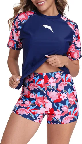 Vista 20 de Halcurt Conjunto de protección solar de manga corta de dos piezas para mujer, con UPF 50, camiseta de baño con pantalones cortos de tabla de surf