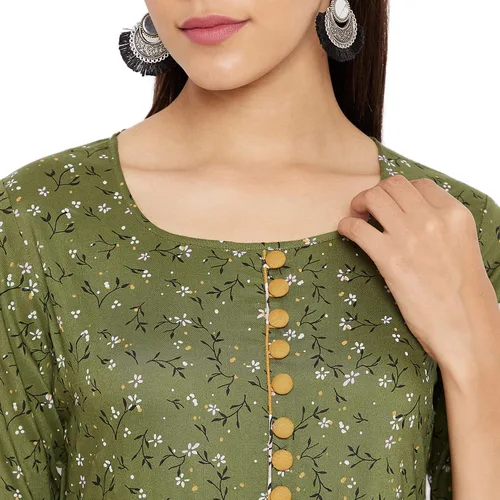 Vista 5 de Tissu Kurta 2101 estampado floral de rayón verde y negro para mujer