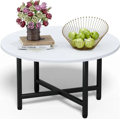 Vista 8 de Mesa de Café FAMIDGE, Mesas de Café de 23.6" para Sala de Estar, Mesa de Café Redonda con Marco de Metal, Mesa de Piso para Sentarse en el Suelo
