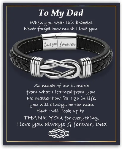 Vista 12 de Gifts for Men Infinity Leather Bracelet for Dad New Daddy Husband Boyfriend Son Grandson Brother Nephew Uncle Brown Braided Engraved Leather Jewelry