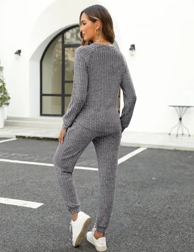 Vista 47 de Wiholl - Conjuntos de dos piezas para mujer: ropa cómoda con sudadera abotonada y pantalones deportivos con bolsillos